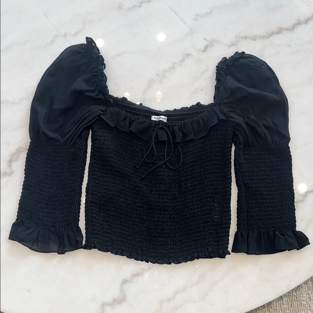 Black Smocked Puff Sleeve Top